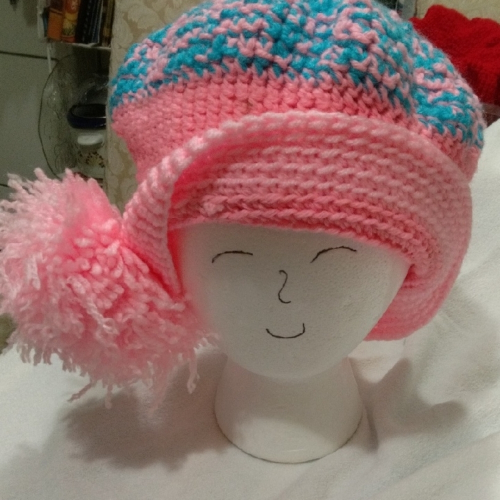Pink and Blue Kids Pom-Pom Hat